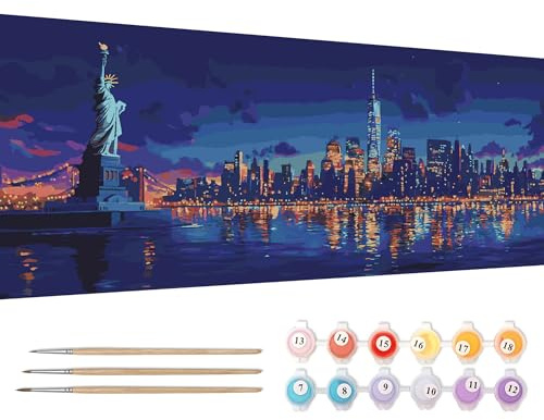 Reofrey Dipingere con i numeri, misura XXL, New York City, kit per pittura a olio, dipinta a mano, tela 30 x 80 cm, con pennello e vernice acrilica (senza cornice), dipingere con i numeri, per