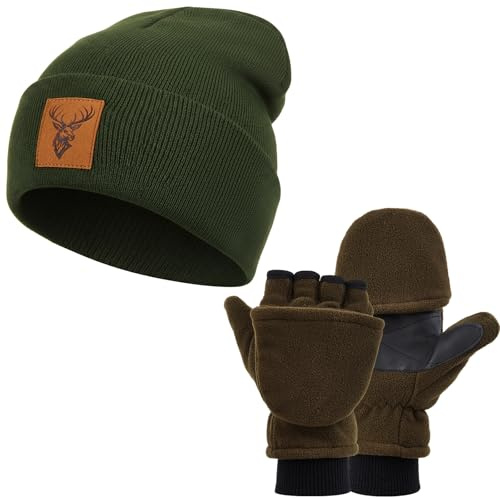Jadive Cadeau Chasseur Noël Bonnet avec Patch en Cuir et Gants en Tricot Moufles Convertibles Mitaines avec Rabat Accessoires d'hiver Unisexes pour Chasse Cadeau Anniversaire pour Homme Femme