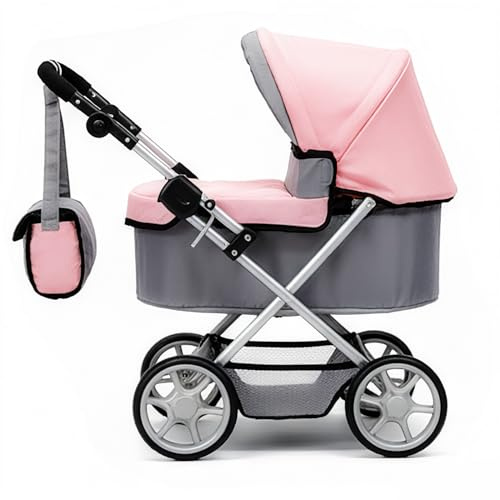 iCradle Baby Doll Stroller, Pink and Gray Foldable Pram with Adjustable Hood, Storage Basket and Shoulder Bag, Lightweight Buggy for Dolls Up to 22 Inches, Girls Age 3+