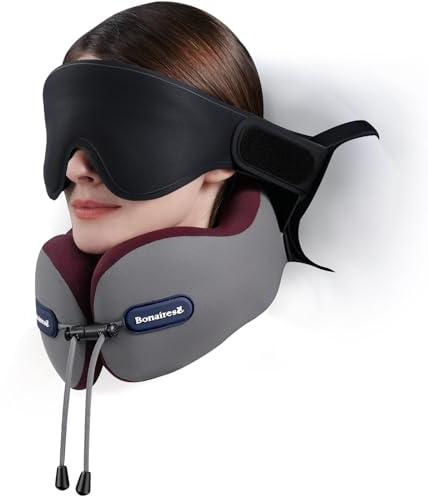 Bonairest Almohada de Viaje, Almohada Cervical para Avión con Antifaz 3D y Correa de Asiento para Vuelos Largos y Viajes por Carretera, Espuma de Doble Densidad, Esencial para Viajes en Gris & Rojo