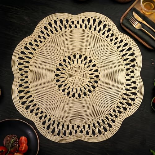 FAVE Lot de 6 Sets de Table Ronds en Vinyle Doré 38 cm, Motif Fleur Ajouré, Imperméables et Lavables pour Salle à Manger, Réceptions, Fêtes et Usage Quotidien