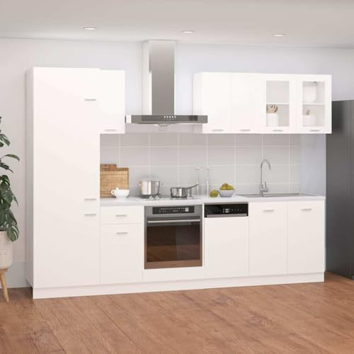 SooIarix 8-TLG. Küchenzeile Lyon Weiß, Holzwerkstoff Küchenschränke Set, Moderne Einbauküche mit viel Stauraum, freistehend, für Schüsseln, Teller, Töpfe, 60x57x207cm