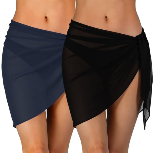 2 Piezas Pareo de Playa para Mujer, Traje de Baño Chal de Gasa, Sarong Cubrebañador Falda de Playa Corta Semitransparente Bikini Cubierta Sarong para Playa Piscina Vacaciones