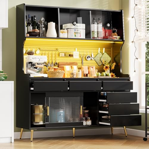 TOBIDOEN Armario alto de 145 x 39 x 171 cm con puertas correderas y frontal de cristal estriado, función LE/D, pared perforada de metal, práctico cajón y estantería de almacenamiento para cocina y