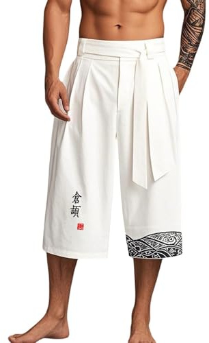 Générique Pantalon Homme Long et Court en Lin Style Japonais Traditionnel Pantalon Large Sarouel Hakama Harajuku Streetwear Taille