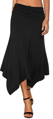 DJT Damen Elastisch Plissierte Taille Elegant Rock A-Linie Faltenrock Midi Rock mit Taschentuch Saum Schwarz XL
