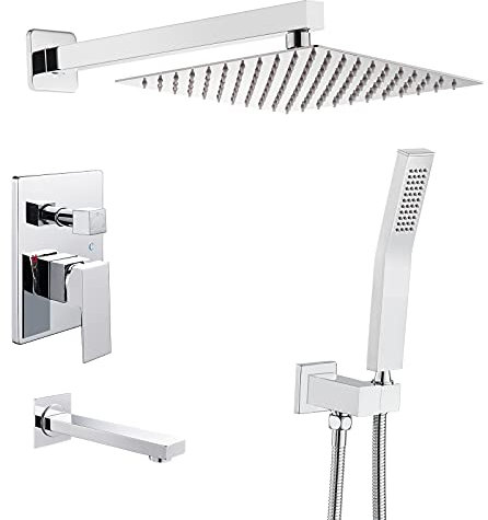 ROVOGO Badkar duschkran set helt i metall, komplett duschsystem med 25 cm regndusch fyrkantig, mässing handhållen och badkarspip, krom (ventil och trimsats ingår)