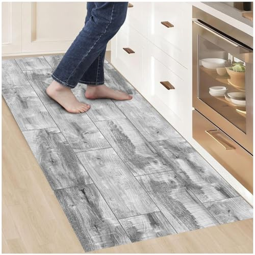 Alfombras Vinilicas Efecto Parquet Gris 80 x 40 - Alfombra Vinilica Cocina Resistente y Antitropiezos - Alfombra Cocina Lavable Antideslizante para Interior/Exterior - Alfombras de Vinilo Esponjosas