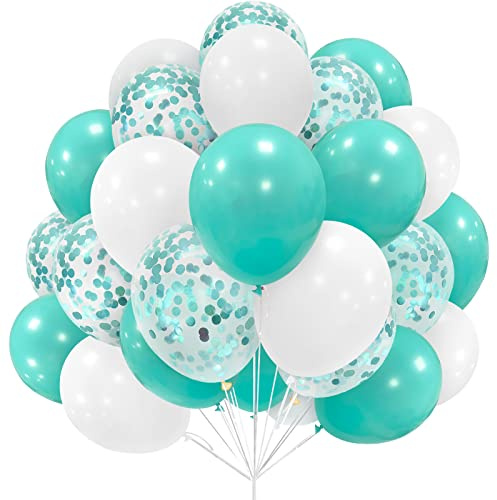 Lot de 30 ballons en latex avec ruban pour décoration de fête d'anniversaire, fête prénatale, mariage, fiançailles - 30,5 cm - bleu sarcelle/blanc
