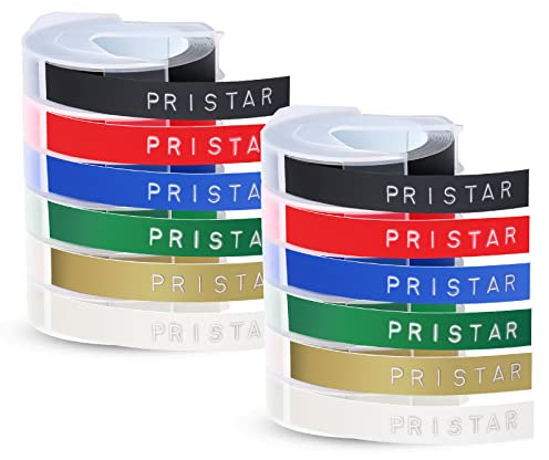 Pristar Kompatible Prägeband für Dynmo 3D Kunststoff Prägebändern Etikettenband 9mm x 3m für Dynmo Omega Junior Motex Etikettenprägegerät Weiß auf Schwarz/Rot/Blau/Gelbem/Gold/Transparent