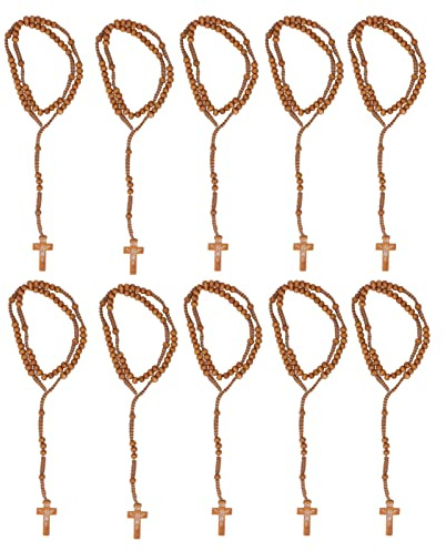 10 Piezas de Rosario de Madera en 10 Piezas de Rosario de Madera con Cuentas de Rosario de Madera de Jesús con Impresión de Estilo Católico Unisex con Cuentas de Madera, Collar de(Marrón claro)