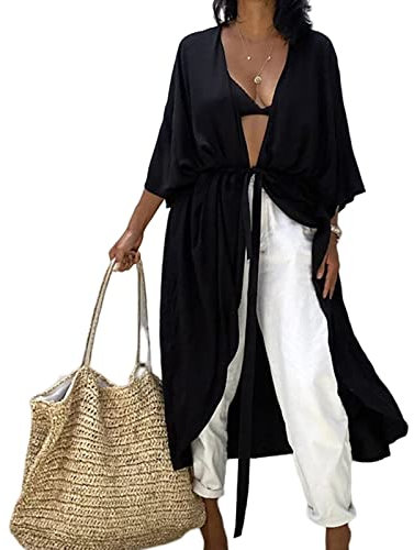 KCatsy Plus Size Solid Colour Plain Half Sleeve Kimono Cardigan Tie Waist Belted Cover-Up Bohemian Resort Beach-Wear Loose Oversized Robe Costume Cover A Solid Black One3XL 26-28