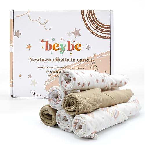 Beybe Mussole neonato 30x30 cm piccole - Set 6 quadrotti cotone neonato Super soffici - Comfort e Stile per il Tuo Bambino (Beige)