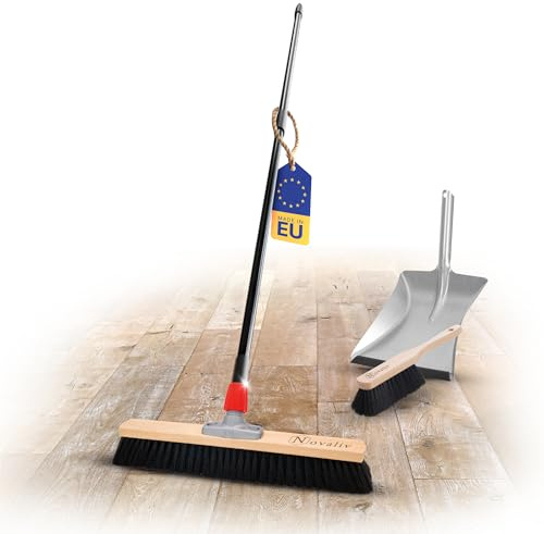 Novaliv Saalbesen 50 cm mit Teleskopstiel Borsten Kunstborsten inkl. Kehrgarnitur verzinkt mit Gummilippe bestehend aus Kehrblech und Handfeger Besen fein Werkstattbesen Industriebesen mit Stiel