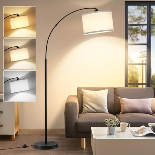 Luvkczc 71 Arc Floor Lamp for Living Room with Adjustable Lamp Head, Black Pole Lamp with White Shade, Standing Lamp with Foot Switch, Over Couch Arched Reading Light for Bedroom, Office, Study Room
