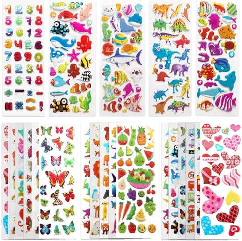 3D Puffy Stickers for Kids Toddlers, 500+ Small Sticker Variety Pack, 22 Sheets for Rewarding Gifts Scrapbooking Including Animals, Fish, Dinosaurs, Numbers, Fruits, Trucks, Butterfly and More