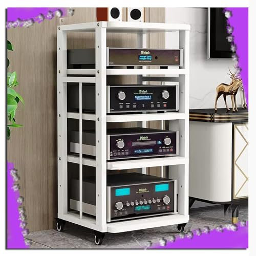 ZIUSFAC Armoire De Rangement Multimédia Mobile Rack Audio Au Sol Support Multimédia AV Etagère En Bois Réglables À 3/4/5 Niveaux Media Stand Pour Téléviseur Composants Audio Vidéo Équipement Stéréo(Wh