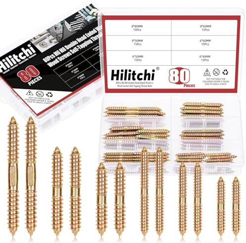 Hilitchi 80Pcs 6Sizes Dowel Screw Double Ended Screws Wood to Wood Dowel Screw Rod Double Sided Screw Double Sided Screw Colored Zinc Plating Dowel Screws for Connecting Fixing Furniture