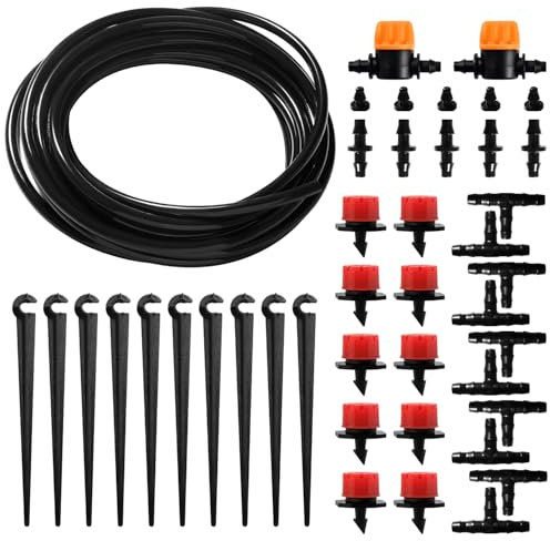 VooGenzek 43 Piezas 4/6 mm Kit de Sistema de Riego por Goteo, 5m Manguera de Riego, Kit de Riego por Goteo Automático, con Juntas de Púas Rectas, Conectores en T, Tapones Extremo, para Jardin