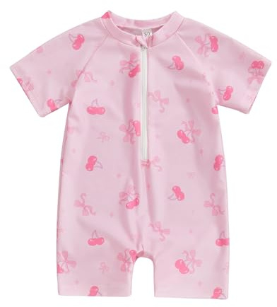 RUIWANBBY Baby Girl One Piece Swimming Costume Rash Guard Swimwear Short Sleeve Zipper Swimsuit Sun Protection Bathing Suit (Pink, 12-18 Months)