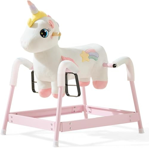 FUNLIO Unicorn Spring Rocking Horse for Kids 3-6, Rainbow Fairy Ride on Horse with Covered Spring & Sturdy Frame, Neighing & Galloping Sound for Pretend Play, Horse Toys Gift, CPC & CE Certified