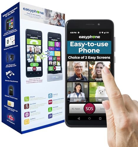 Easyphone XL Smartphone – Simple & Easy for Seniors, 6.5 Bright Screen, Loud & Clear, Handsfree, 4G SOS GPS, WhatsApp, Charging Dock & Case, All Networks, No Contract, 12-Month UK Support