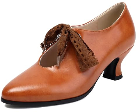 Galindopia Vintage Oxford Heels pour Femme Rétro Wingtip Brogues with Chunky Heel Dentelle-Up Bout Rond Light-Brown Cuir Souple Dress Chaussures Light-Brown Size 37