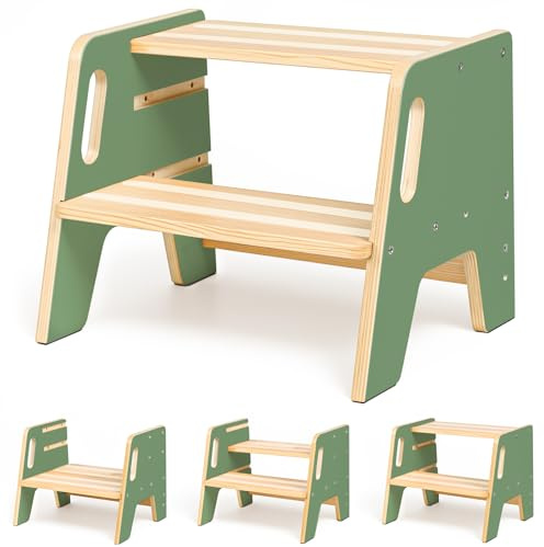 WINGYZ Toddler Step Stool, 3-Height Adjustable Wooden Stool for Kids, FSC & ASTM Birch Marine Plywood, 200lb Capacity, Bathroom Sink Independence, Kitchen Potty Training, Green