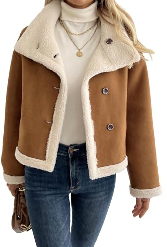 utcoco Women's Reversible Faux Shearling Jacket Button Down Faux Suede Short Coat Fall Winter Casual Outerwear (Small, Brown)