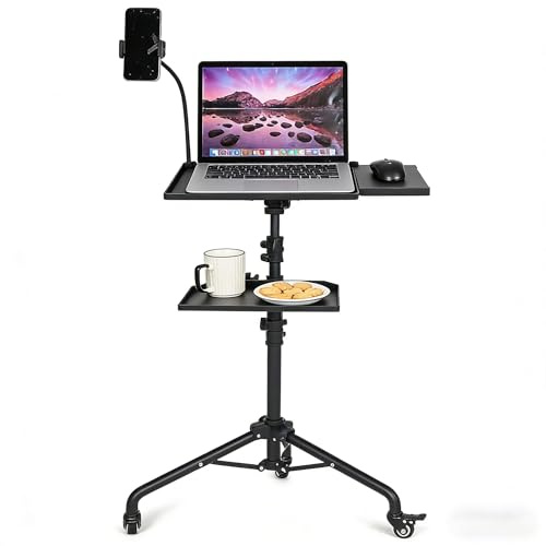 Garvee Support trépied Mobile pour projecteur et Ordinateur Portable – Hauteur réglable 58-125 cm – 2 étagères, Plateau Souris, Porte-téléphone – Idéal Bureau, Maison, présentations
