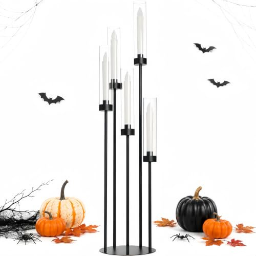 VINCIGANT 5 Arms Candelabra Centrepieces with Acrylic Lampshade, Matt Black | 39.4 Tall Table and Floor Stand Candle Holders for Halloween Decorations, Wedding, Event, Party, Fit for LED Taper Candles