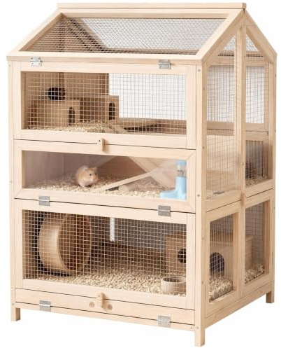 PawHut hamsterbur furu 3 våningar för små djur 68 x 61,5 x 90 cm | Gnagarbur, smådjursbur, med stugor, gungbräda, ramper, vattenskålar, musbur naturligt trä