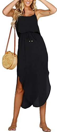 NERLEROLIAN Women's Adjustable Strappy Split Summer Beach Casual Midi Dress Black