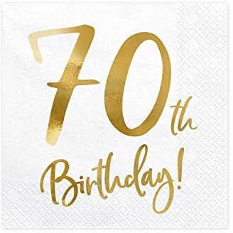 PartyDeco 70th Birday White Paper Napkins Birthday Decorations for Round Birthday Decorative Napkins Paper Handkerchiefs Printed Table