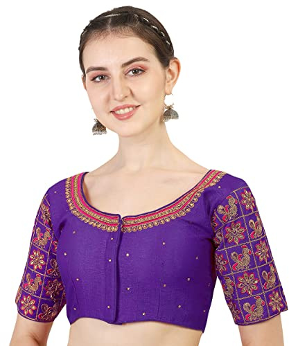 Pujia Mills Damblus av siden, blommönster, halvlång, violett, storlek 38