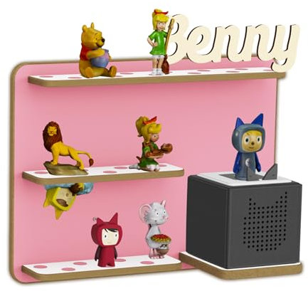 Holzura Regal für Toniebox, Wandregal für Tonie Figuren, Aufbewahrung für Tonies, Halterung für Toniebox (Feenstaub, mit Name)