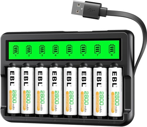 EBL 8PCS Piles Rechargeables AA 2800mAh+ LCD Chargeur de Piles Rechargeables, avec Ports d'Entrée USB et Port Micro USB, pour AA/AAA/Ni-MH Piles
