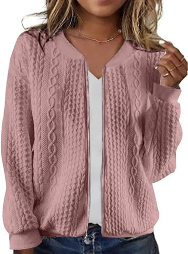 Zip Up Sweatshirts for Women Casual Outfits Cardigan Outerwear Trendy Winter Jackets Coat Pink X-Large