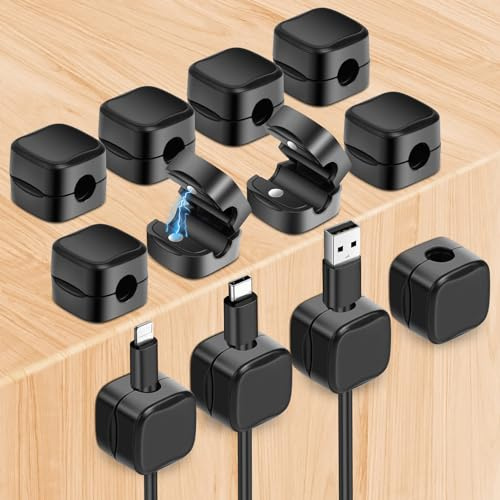 URAQT Organizadores de Cables, 12 Pcs Clips de Soporte de Cable con Magnético Duraderos, Organizador de Cables Autoadhesivo Hogar USB Cargador Oficina y Coche, Negro