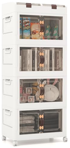COSTWAY Scatole di Stoccaggio Pieghevoli con Coperchio, Set da 3/4 Contenitori con Ruote, Scatole Pieghevoli Organizer per Armadio con Porte Magnetiche ad Apertura Frontale, Multiuso(4 Livelli)