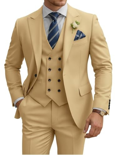 TIJOFA Costume 3 pièces pour Homme, Coupe ajustée, Double Boutonnage, Costume de Mariage Classique à Un Bouton, Formel, Bal de Fin d'année, Smoking, Champagne, Taille M