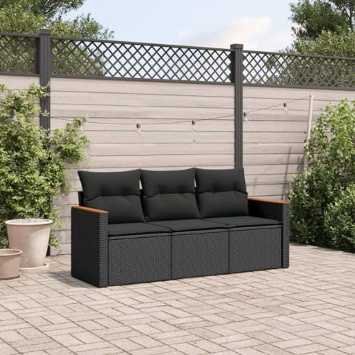Festnight 3-Sitzer Garten-Sofa Rattan Sofa Balkon Lounge Gartensofa Polyrattan Gartenmöbel Schwarz PE-Rattan Stahl Polyester 62 x 69 cm