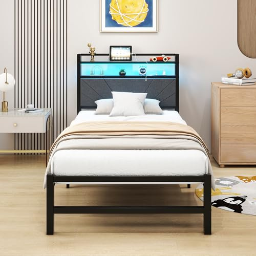 VERFARM 3ft Single Size Bed Frame with LED Lights Storage Upholstered Headboard and Charging Station, Heavy Duty Metal Platform Single Bed Frame, No Box Spring Needed, Noise Free, Easy Assembly