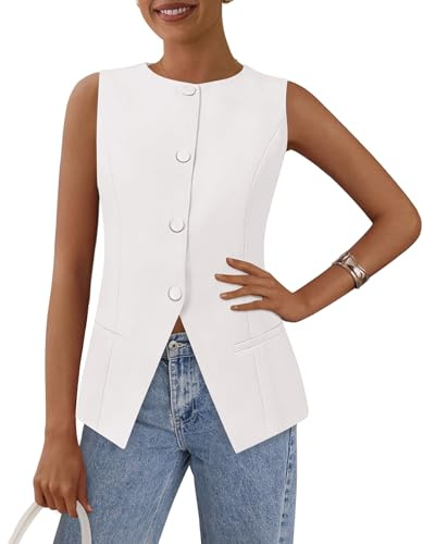 PRETTYGARDEN Women Tailored Suit Vest Business Casual Tops, White,S