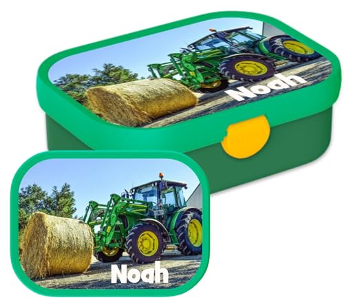 Mepal - Caja de almuerzo personalizada con nombre infantil (tractor, diseño de tractor con paja) - con compartimento bento y tenedor - libre de BPA, apto para lavavajillas