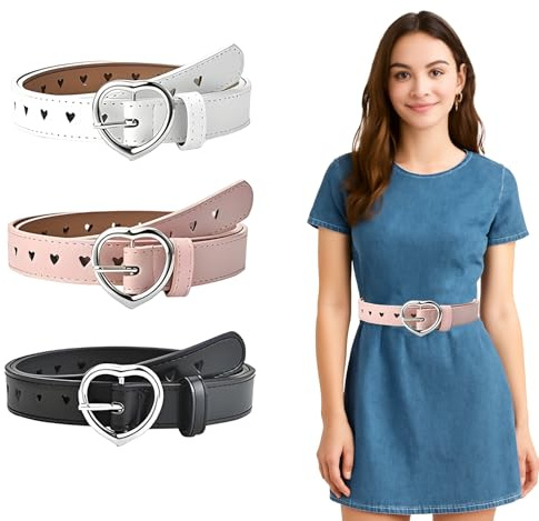 EujRcf 3 PCS Girls Belts with Heart Shaped Hole, Kids Belt, Cute PU Leather Belt, Adjustable Belt with Heart Buckle, Suitable For Boys Girls Dress Pants Jeans For Jeans Dresses Jumpsuit Trouse