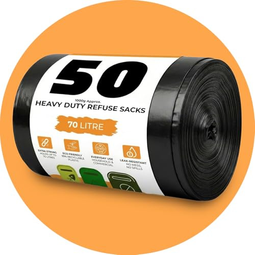 Roe Tenpo 50 Pack Heavy Duty Bin Bags - 70L, 30 Microns Bin Liners, Strong & Durable, Tear Resistant Refuse Sack, Black Bin Bags for Everyday Use, Household & Commercial Use
