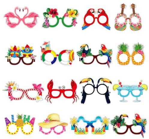 16 Stück Hawaiian Brille,Lustige Papier Partybrillen,Hawaiian Tropische Sommer Beach Brille,Sommerparty Photo Booth Requisiten,für Kinder und Erwachsene Geburtstag Karneval Hawaii Party Kostüm Zubehör