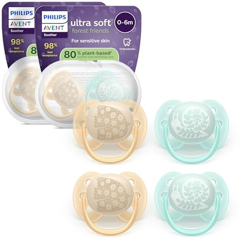 Philips Avent ultra soft-nappar – ortodontisk design, för bebisar 0–6 månader, flexibel sköld, symmetrisk silikonnapp, BPA-fri, 2 steriliseringsfodral, 4-pack, SCF091/49
