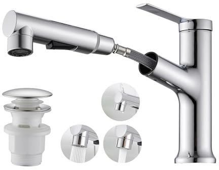 Vuadzren Rubinetto da bagno con 3 tipi di getto, rubinetto estraibile per lavabo con scarico, miscelatore monocomando per bagno, cromato